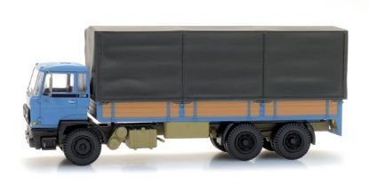 Picture of DAF tilt-cab B, tandem-axle, open bed truck with canvas, blue