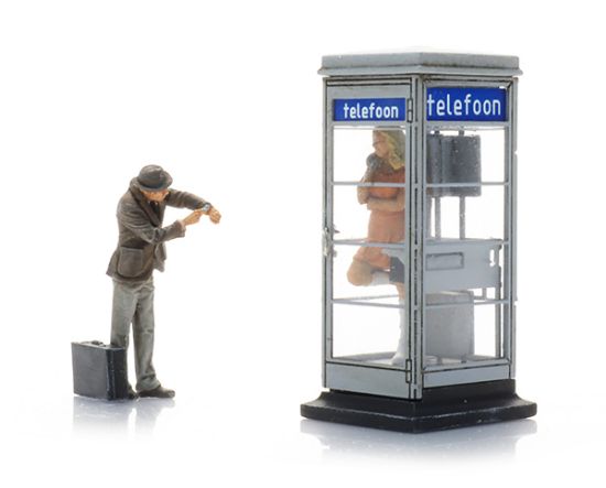 Picture of Dutch phone booth 1960s-70s + two figures